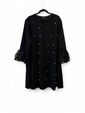 SHEIN Black Pearl-Embellished Midi Dress with Lace Bell Sleeves